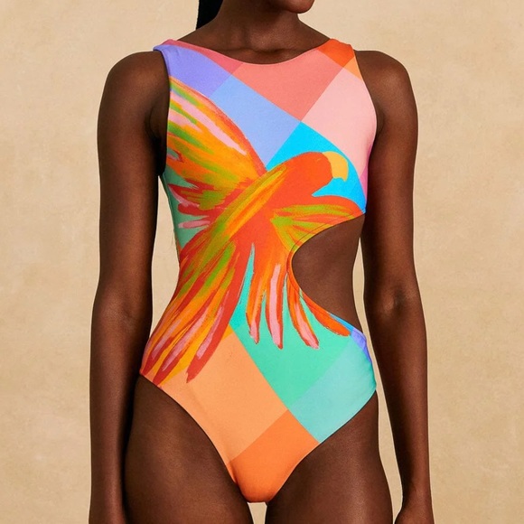 FARM Rio Other - Farm Rio Blue Painted Birds Swimsuit. NWT. Size L.